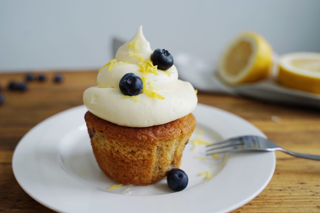 Blueberry Muffins with Lemon Cream Cheese Frosting made using OGGS Aquafaba