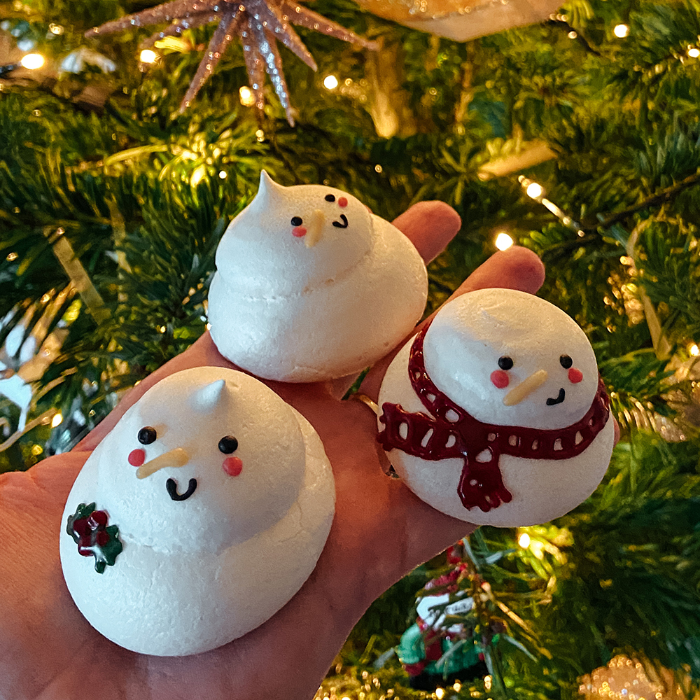 Christmas Snowman meringues made using OGGS Aquafaba Vegan