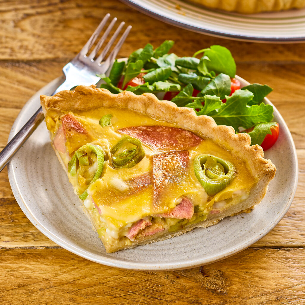 Vegan Leek and Ham Quiche made with Scrambled OGGS and Richmond Meat Free Bacon